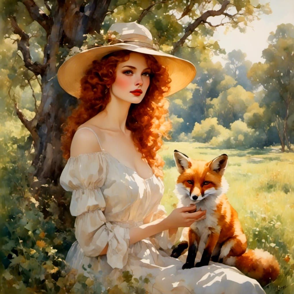 Redhead Woman with Fox in Watercolor Style