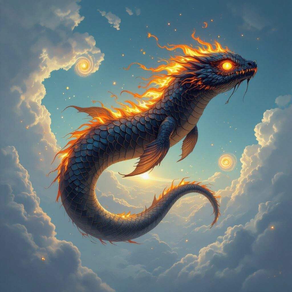 Fiery Serpent Swims Through Air, Bending Clouds