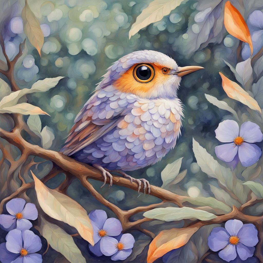 Cut Round Bird made of 
Sage Periwinkle Very Pale Orange Pet...