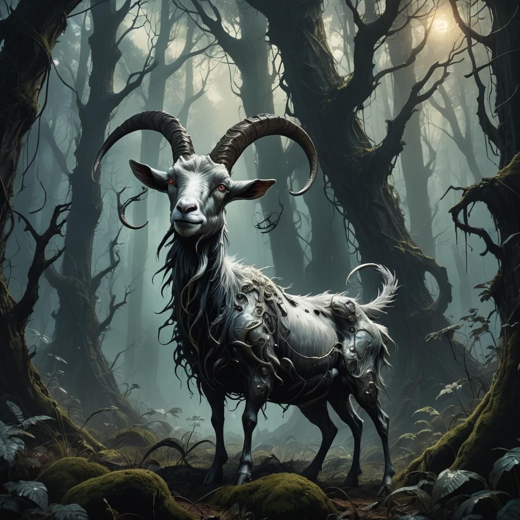 Nightmarish Goat in Mystical Forest: Dark Fantasy Art