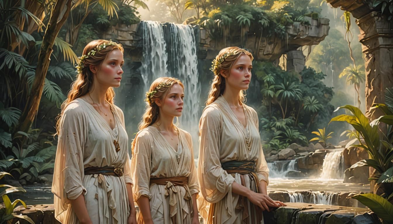 Waterfall Vigil: Elegant Women in Watercolor Style