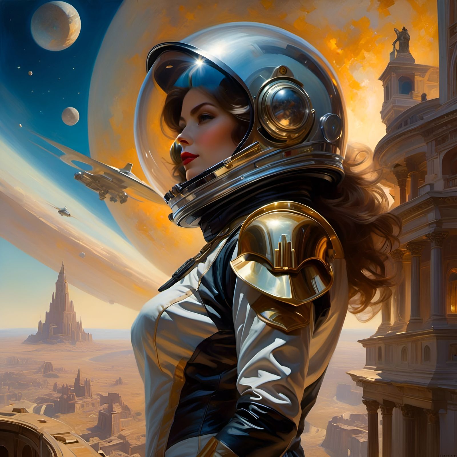 Cosmic Astronaut Helmet Reflecting Futuristic City