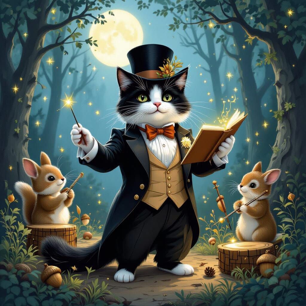 Cat Conductor Leading Forest Orchestra in Fairy Tale Style