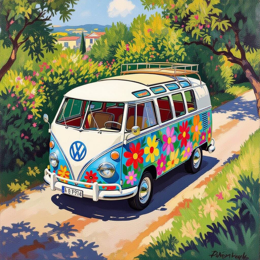 Vintage VW Van in Hockney-esque Impressionist Landscape