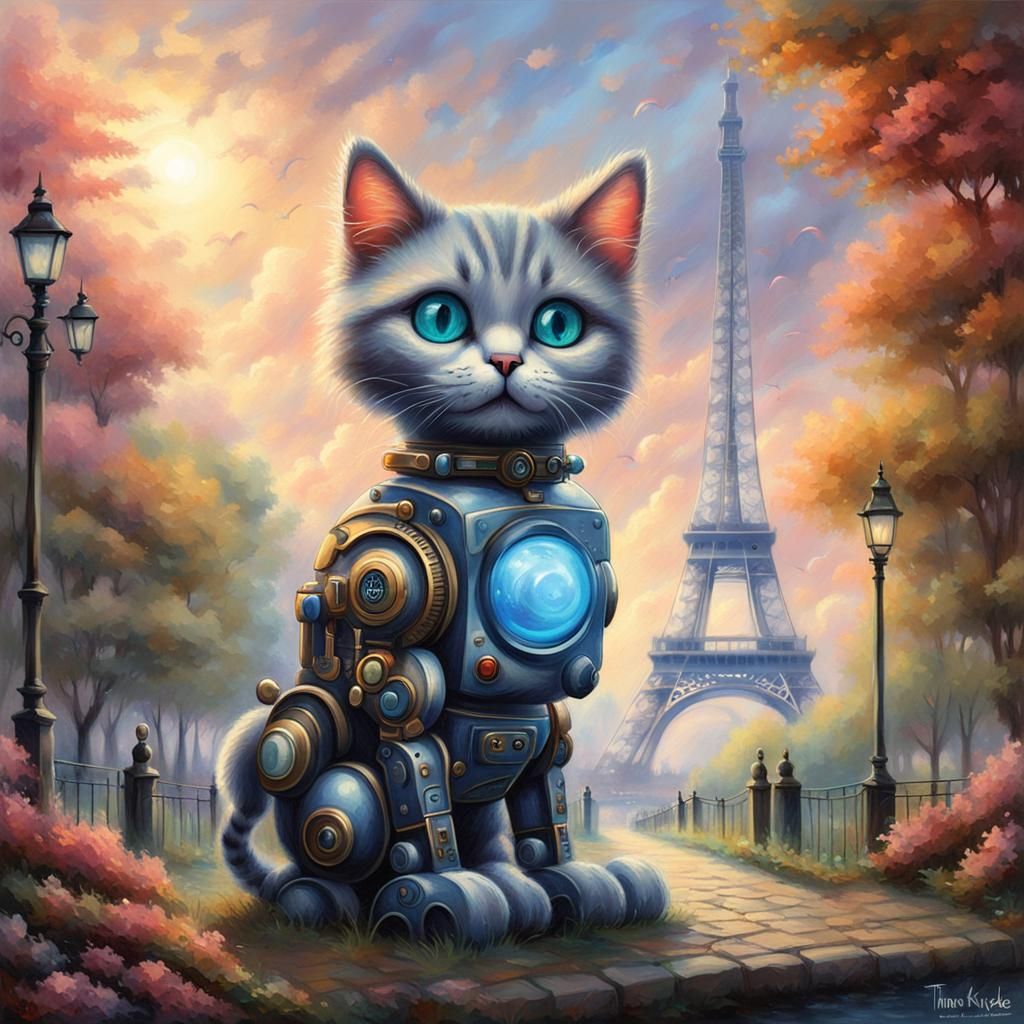 Futuristic Robotic Cat Near Eiffel Tower