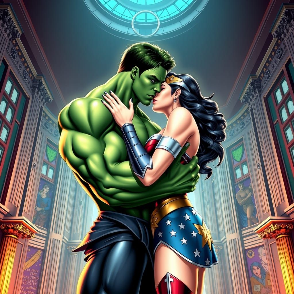 She-Hulk Kissing Wonder Woman in Hall of Justice