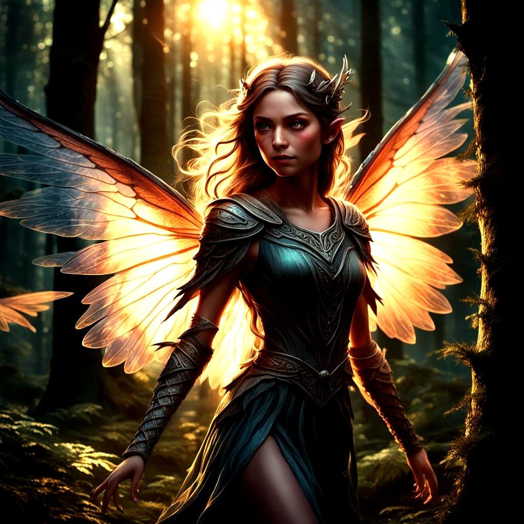 Hyper-Realistic Fairy Flying Through Dark Forest