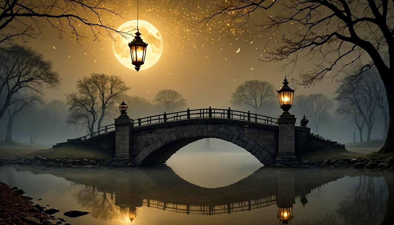 Stone Bridge Dreamscape with Golden Lantern