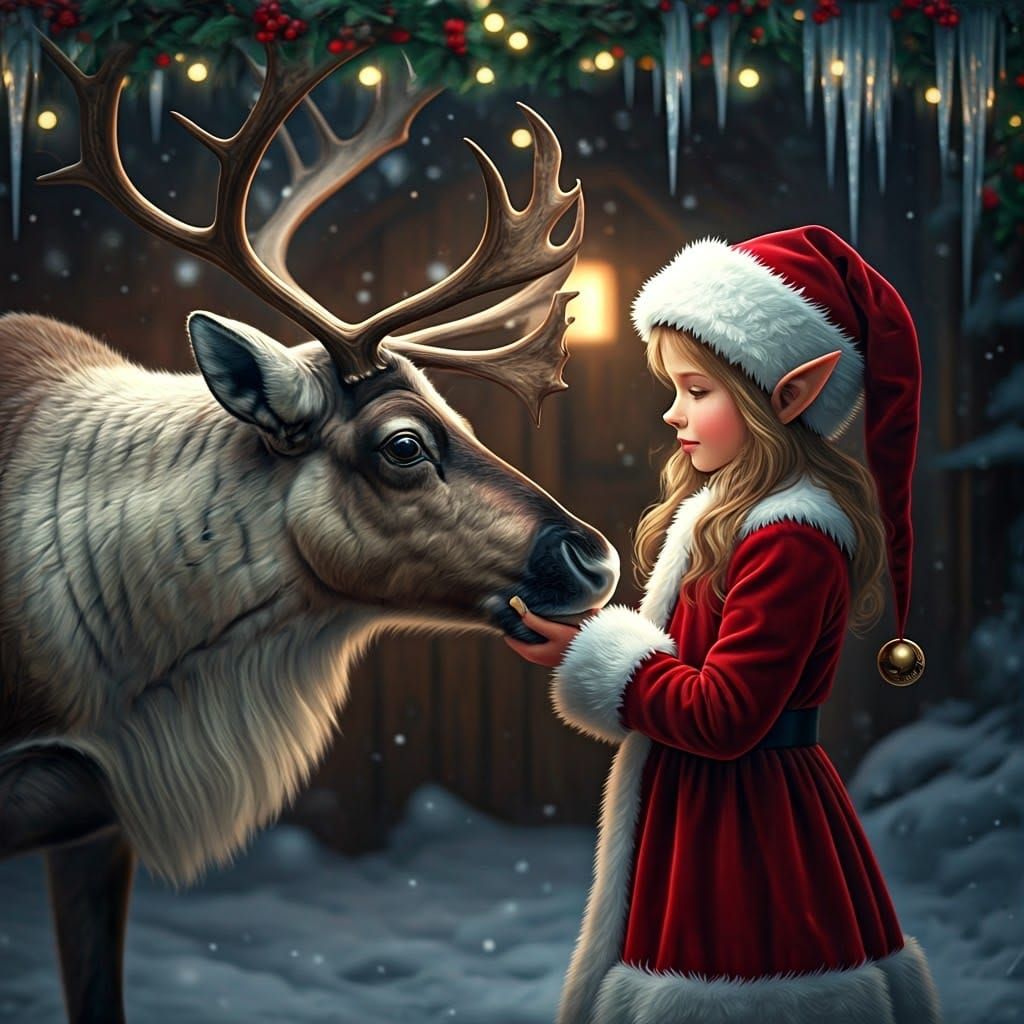 Christmas Elf Feeds Reindeer at North Pole