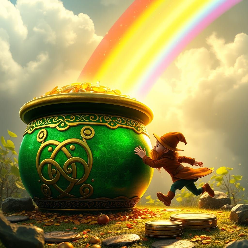 Pot of Gold with Leprechaun and Rainbow