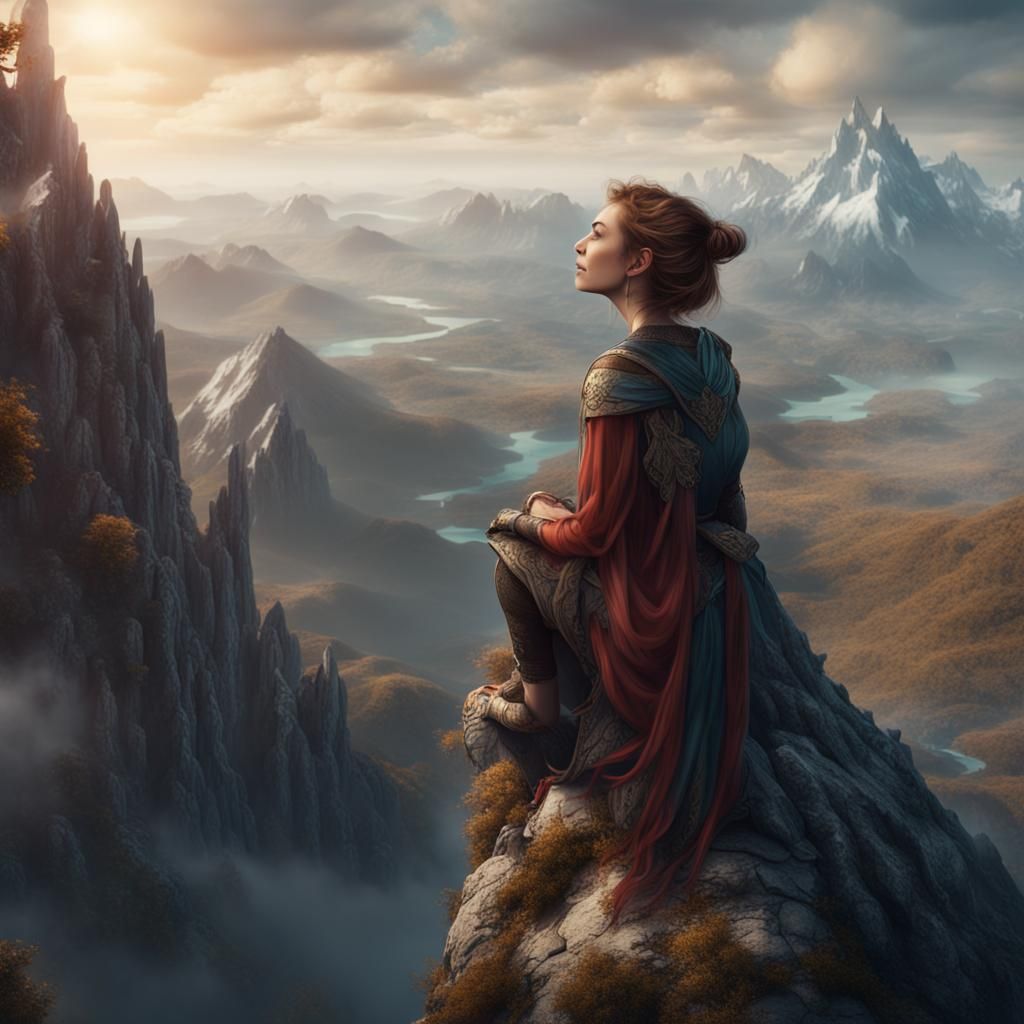 Woman on Mountain Peak: Crying and Smiling