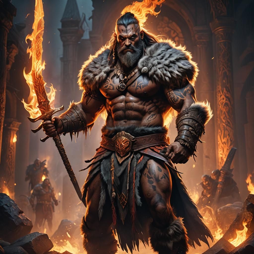 Towering Barbarian Warrior with Flaming Sword