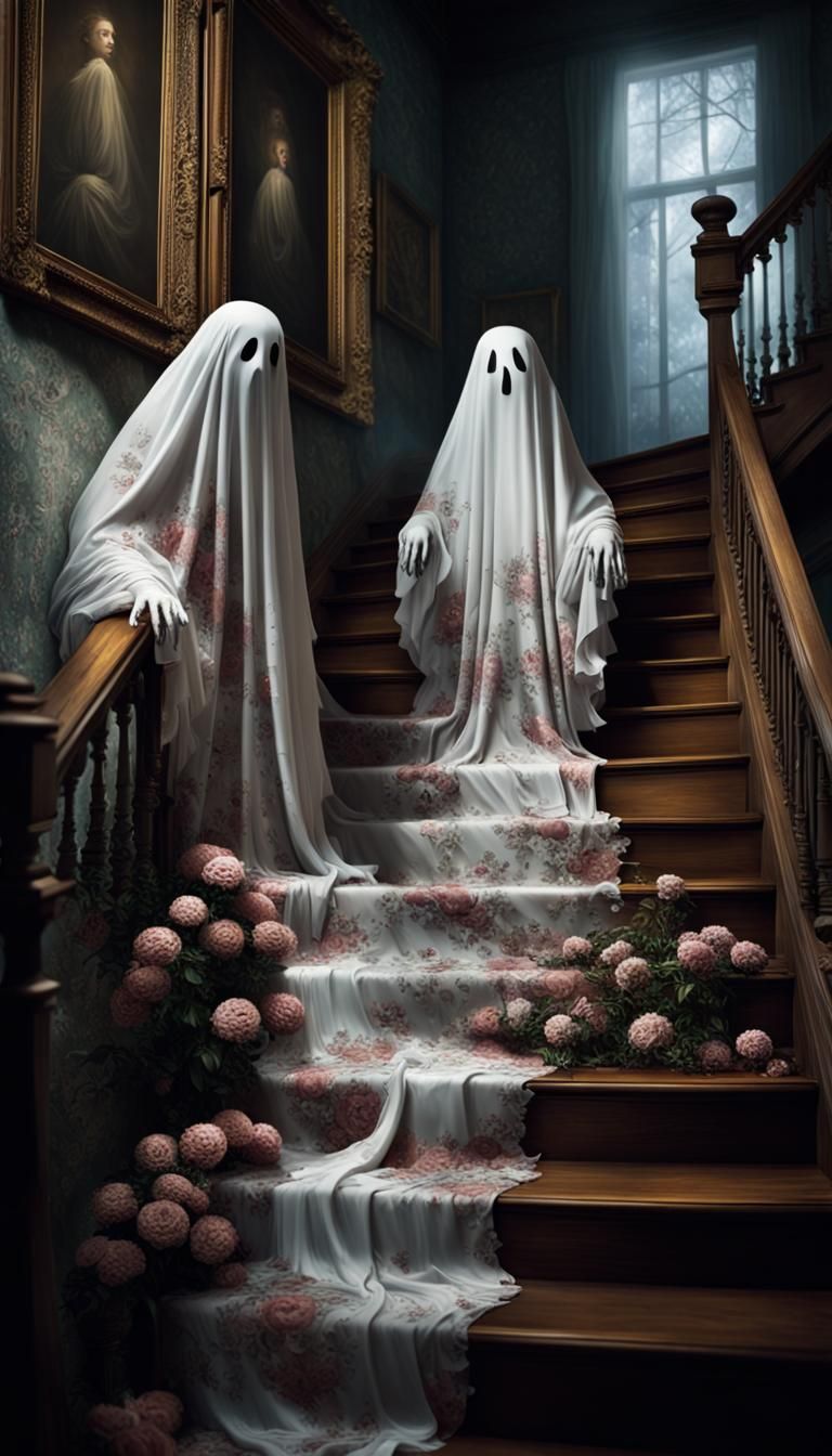 Floral Bedsheet Ghosts on Stairs: Cinematic Photography