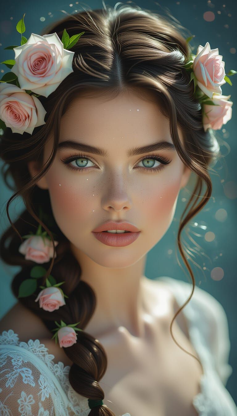 Woman's Hair Woven With Roses, Cosmic Eyes