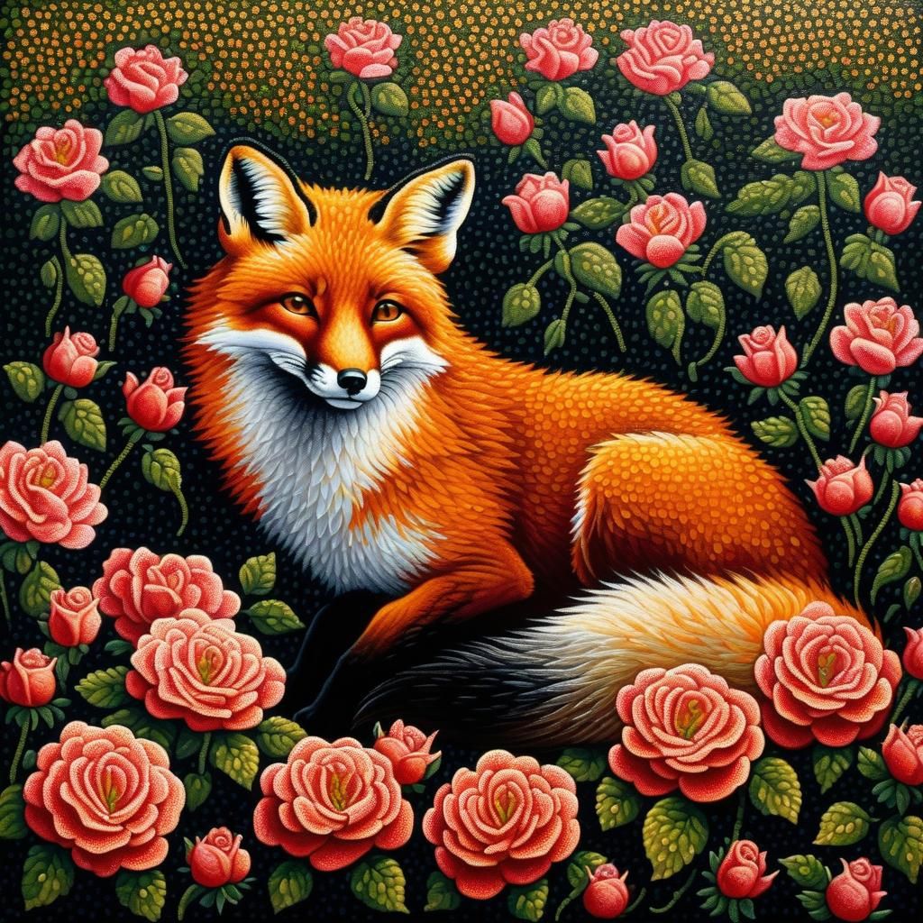 Pointillist Fox in Roses, Oil on Canvas