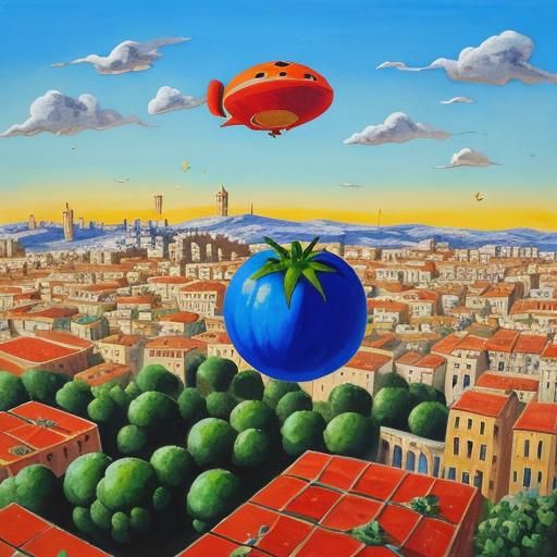 Giant Tomato Over Jerusalem, Gouache Style