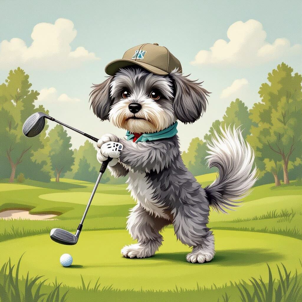 Whimsical Dog Golfing in Beatrix Potter Style