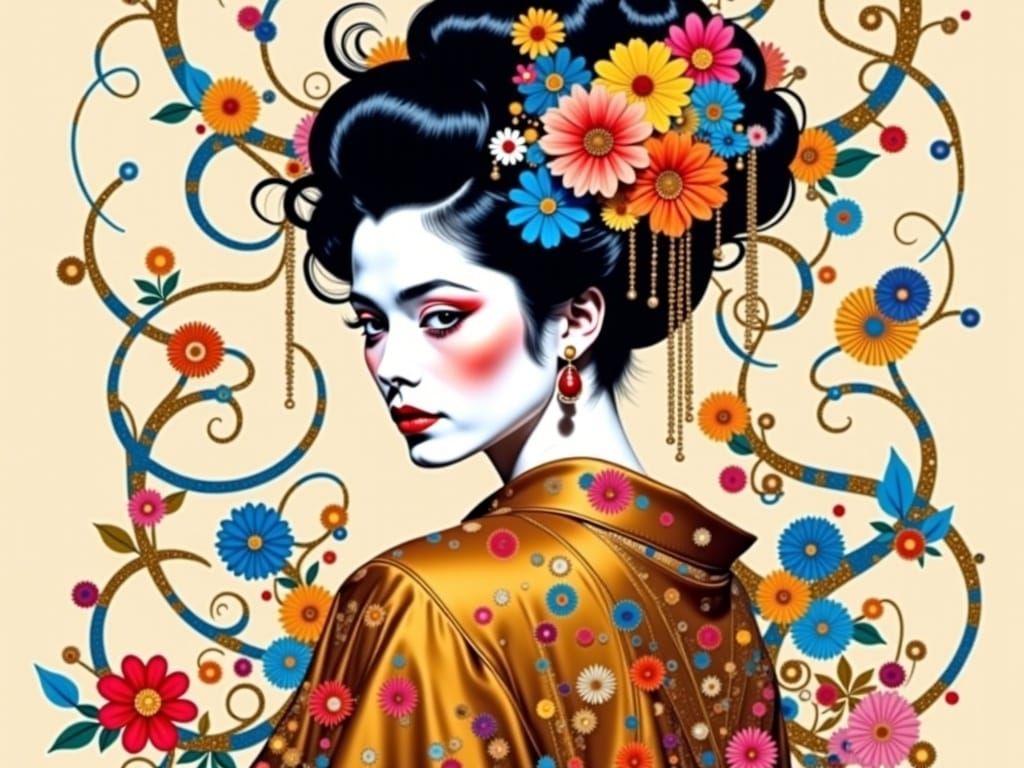 Geisha in Vibrant Floral Haute Couture
