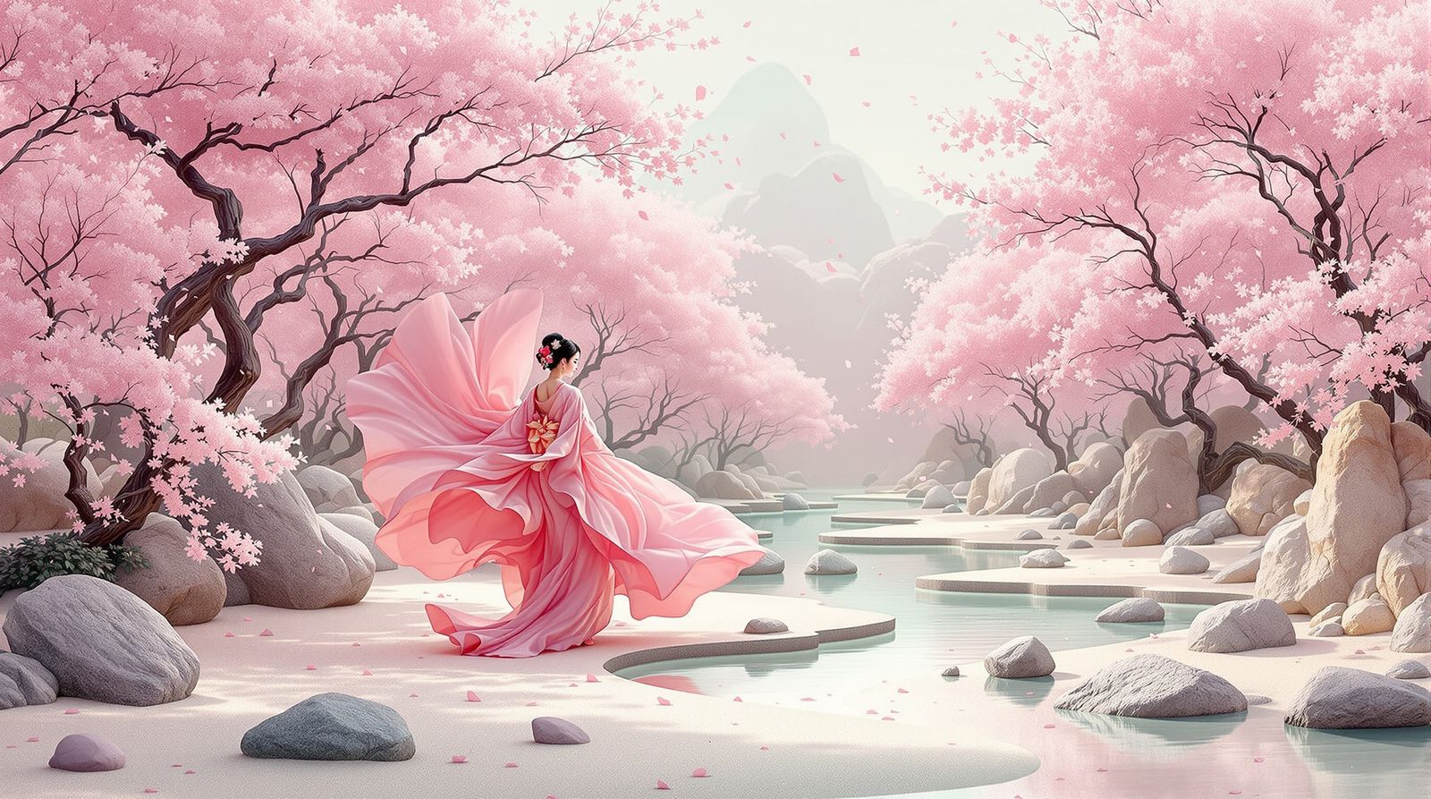 Pink Kimono Dances in Ethereal Zen Garden