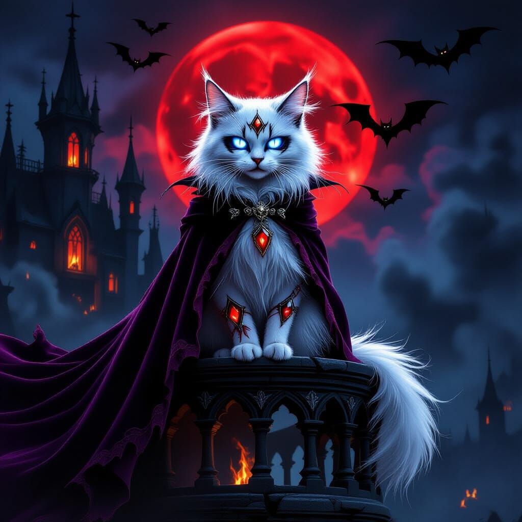 Demonic Vampire Cat on Gothic Balcony Under Blood Moon