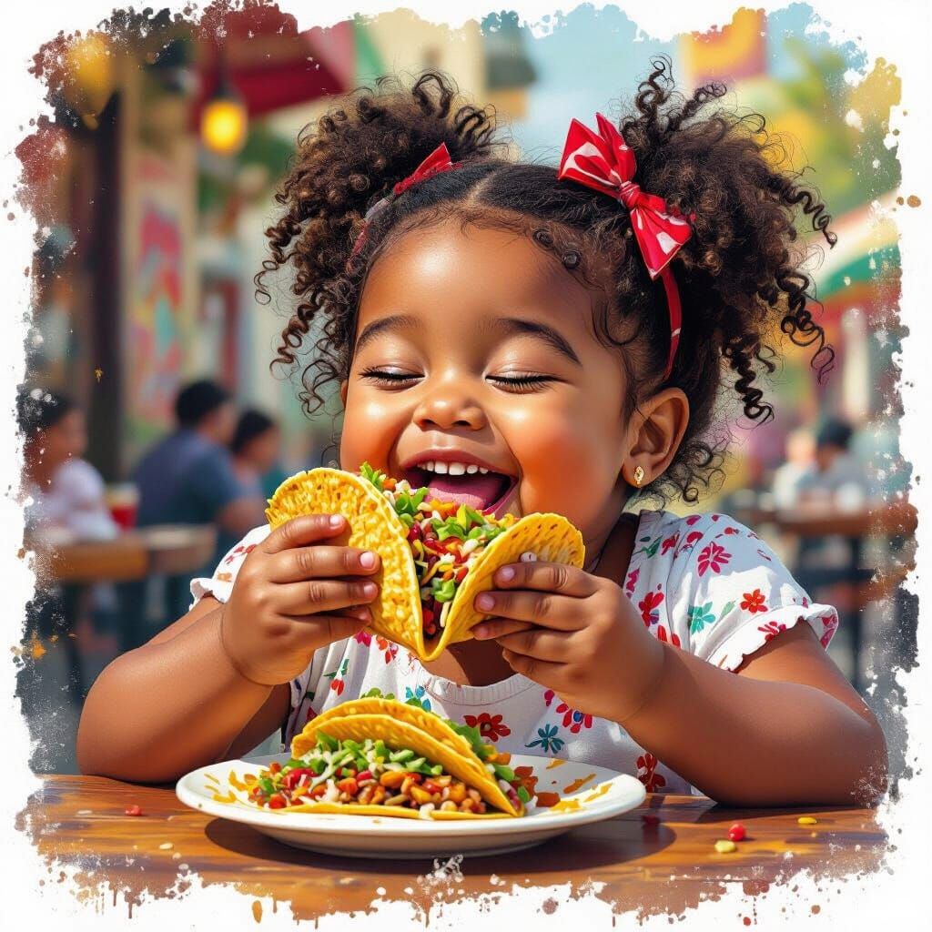 Happy Girl Enjoys Tacos at Mexican Restaurant