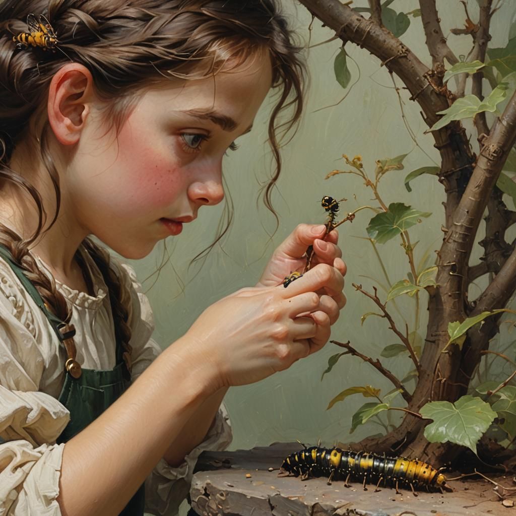 Girl Observes Caterpillar in Oil Painting Style