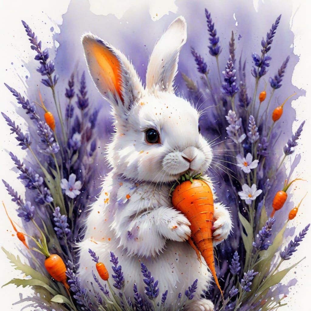 Bunny with Carrot in Lavender Field Watercolor