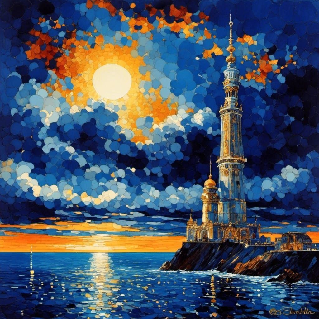 Nighttime Sea Tower in Deep Blue Palette