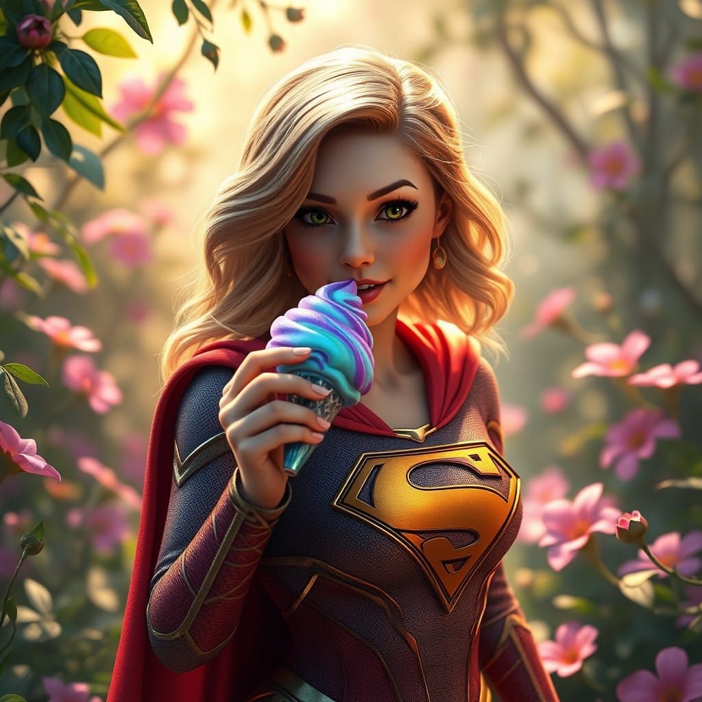 Whimsical Fantasy Art of Super Girl Enjoying Glace Nourritur...