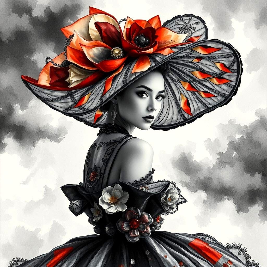 High Fashion Hat Portrait in Impressionist Style