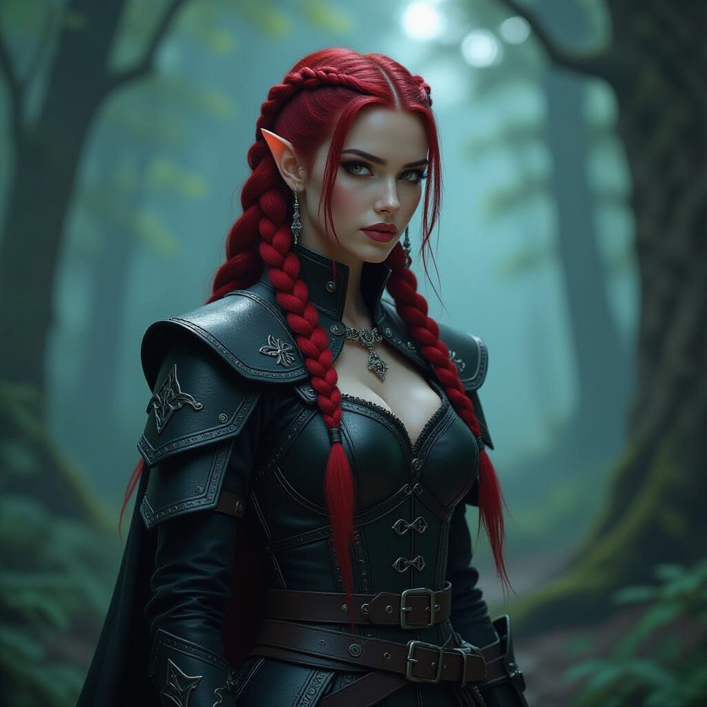 Elfin Warrior in Mystical Forest with Red and Black Hair