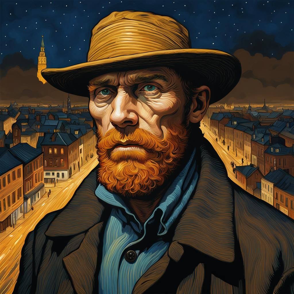 Night Cityscape in Van Gogh Style Illustration