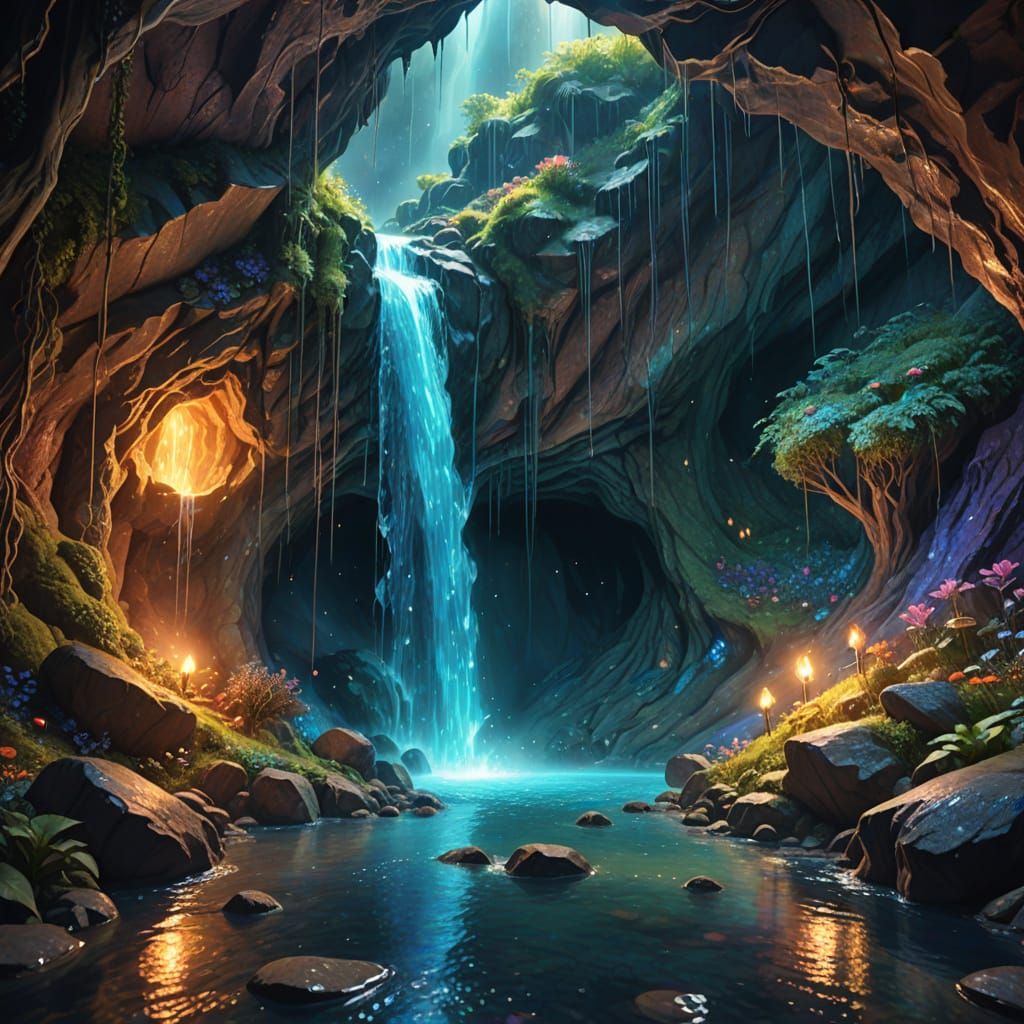 Cosmic Waterfall in Hobbit Cave, Vibrant Mixed Media