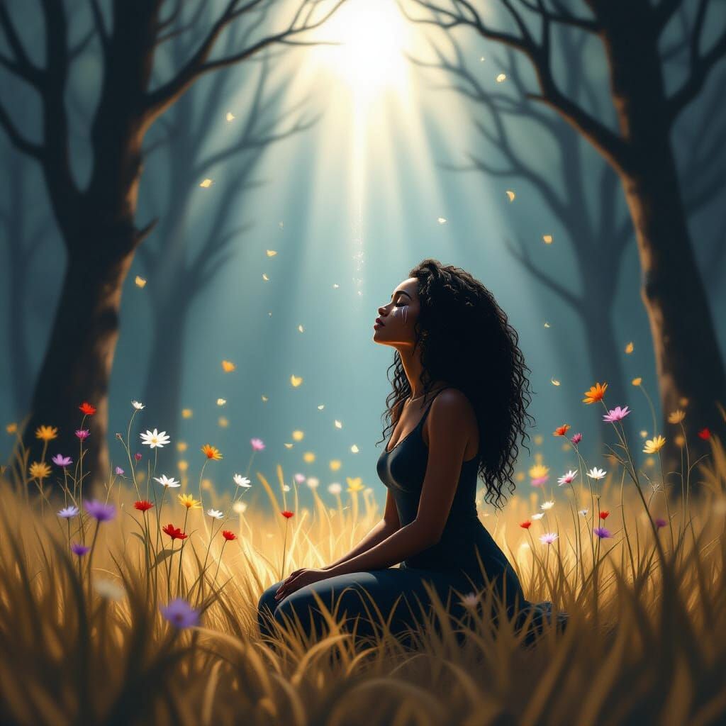 Hope Blooms Amidst Despair: Ethereal Light Renews Barren Lan...