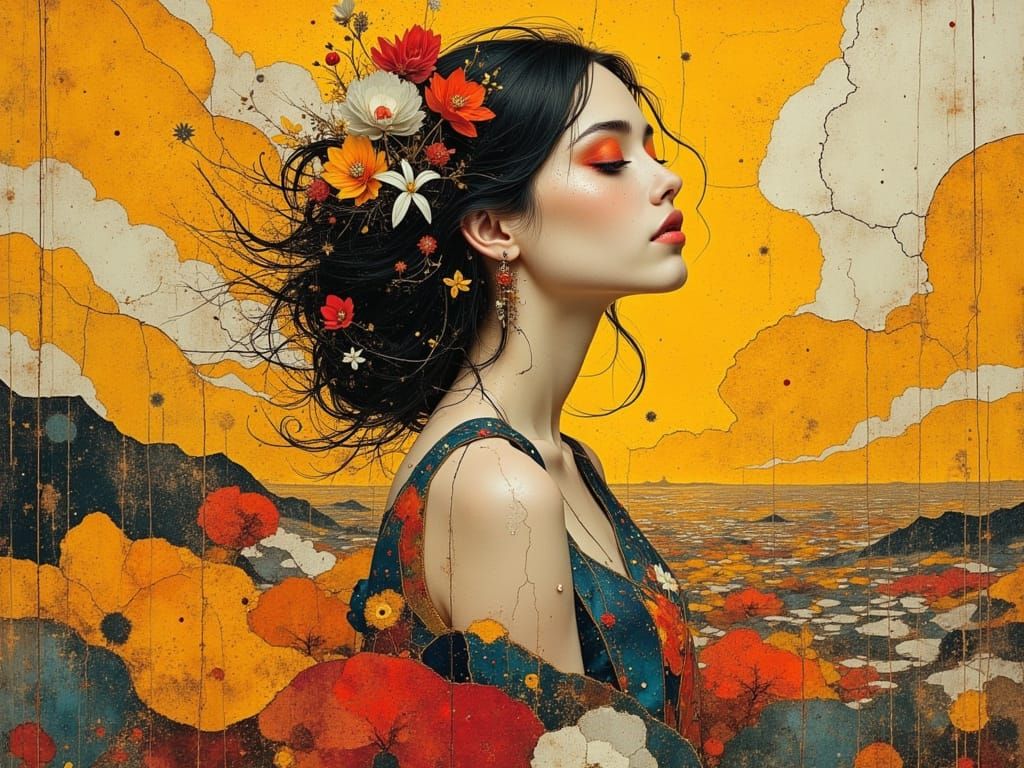 Ecstatic Suburban Woman in Ornate Clothing