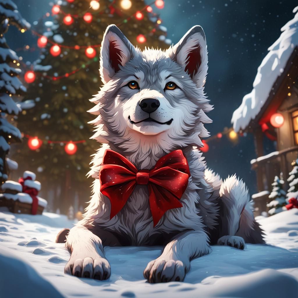 Festive Wolf Cub in Snowy Christmas Scene