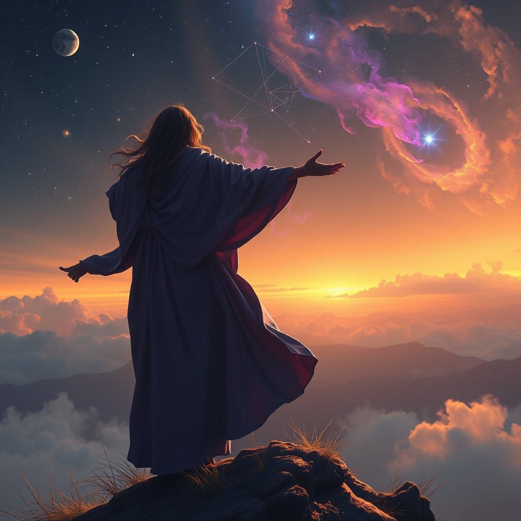 Mystical Figure Gazes Upon the Dawn Sky in Reverent Serenity