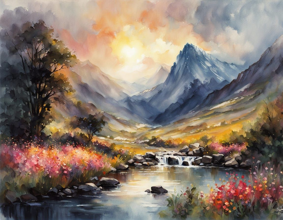 Watercolor Stone Bridge in Vibrant Floral Landscape