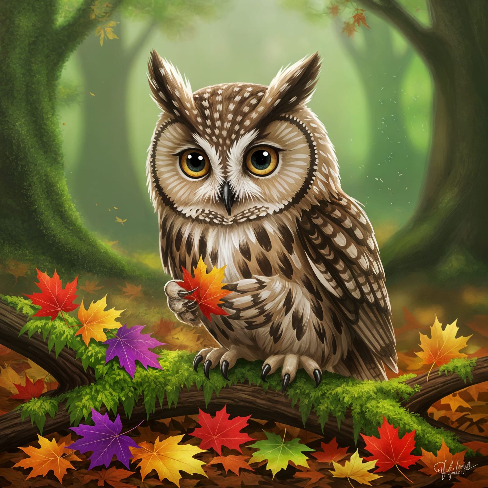Wise Owl Sorting Jewel-Toned Leaves in Whimsical Concept Art