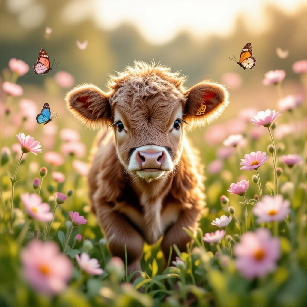 Fluffy Calf in Flower Field, Beatrix Potter Style