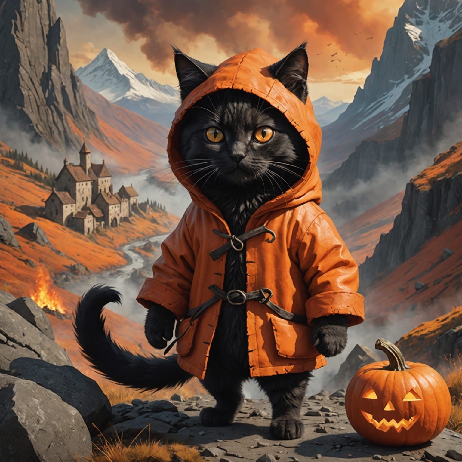 Adventurous Halloween Cat in Volcanic Landscape