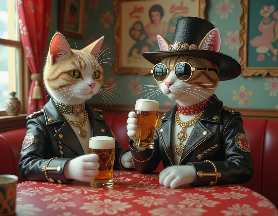 Whimsical Biker Cat at a Dance Hall in Folk Art Style