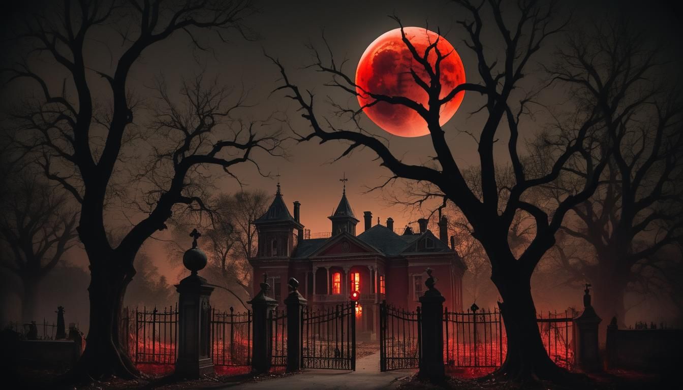 Haunted Mansion Under Red Moon: Surrealist Horror