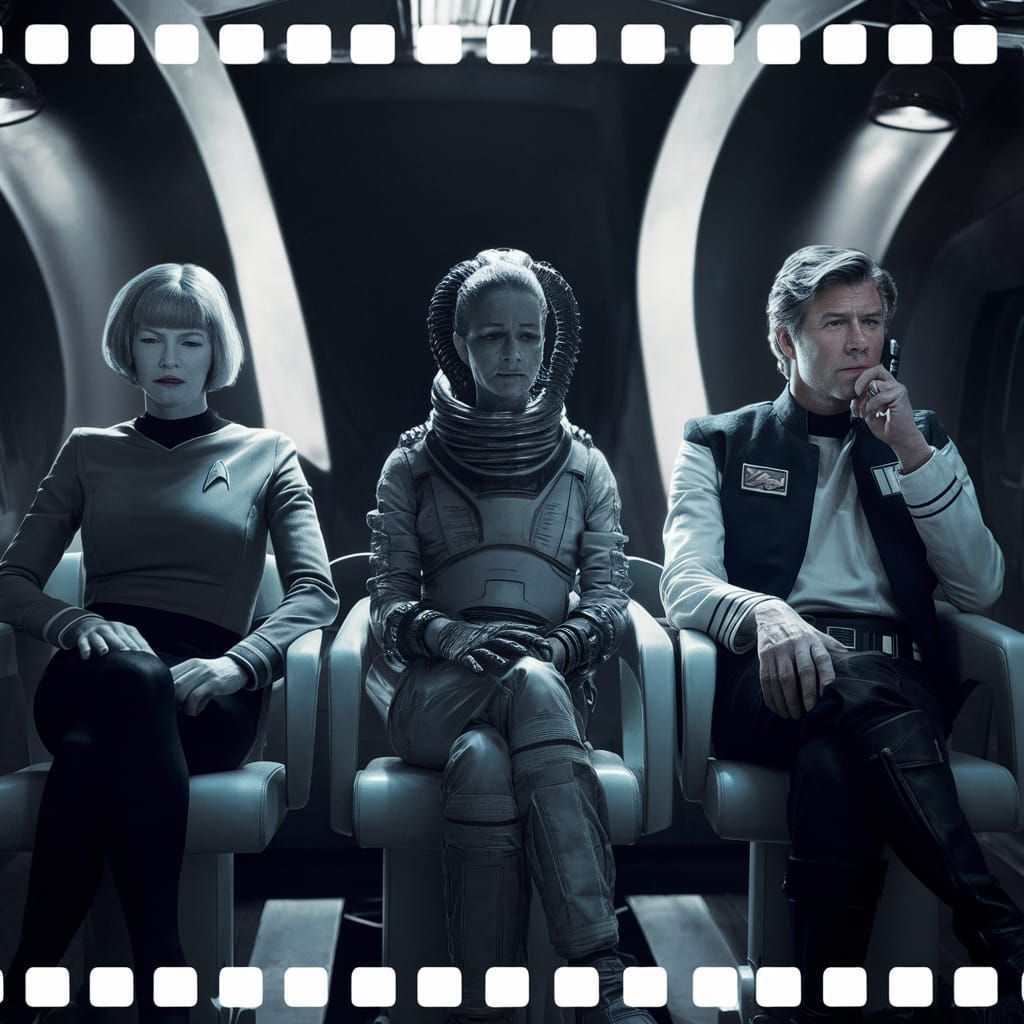 Janeway, Ripley, and Solo in Futuristic Spaceship