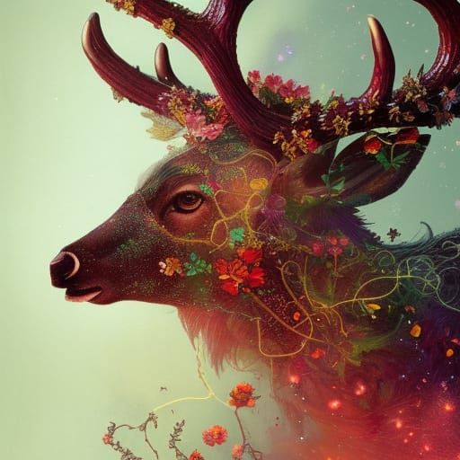 Celestial Deer with Flowered Horns: Digital Art
