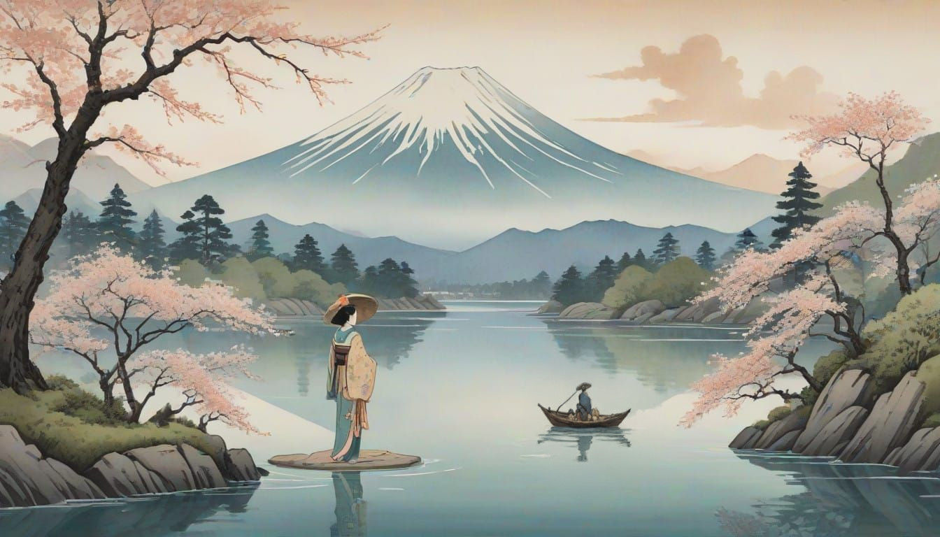 Serene Japanese Woman Admires Majestic Mount Fuji in Traditi...