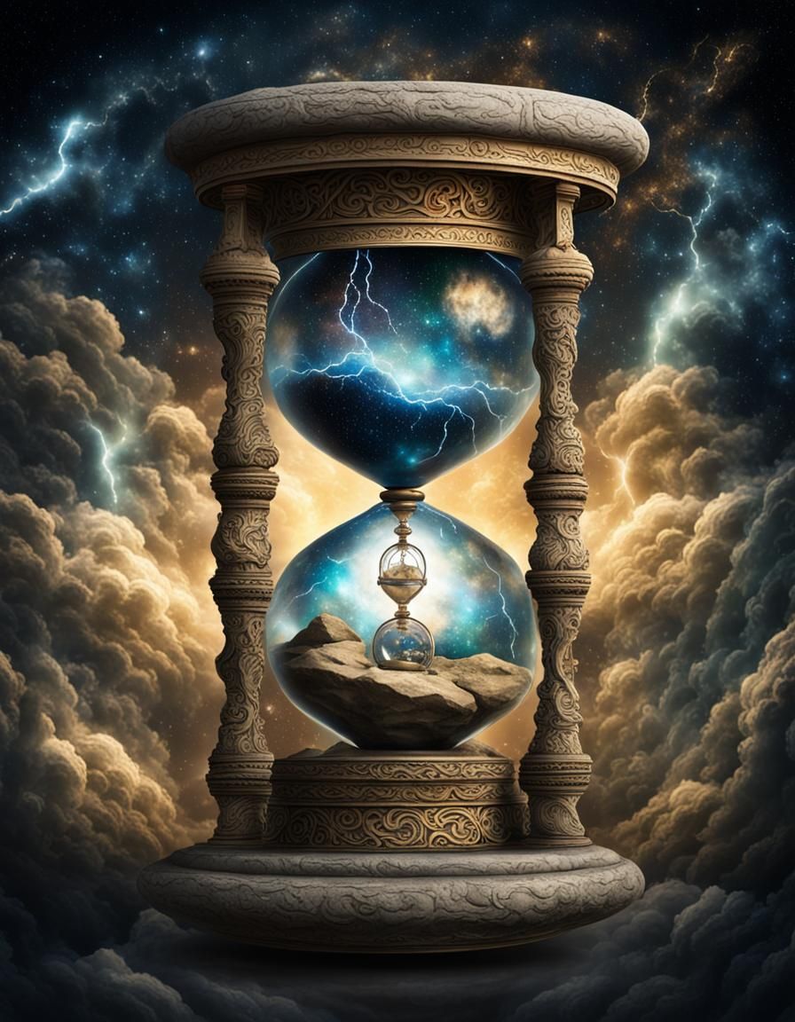 Cosmic Hourglass Suspended in Space with Lightning