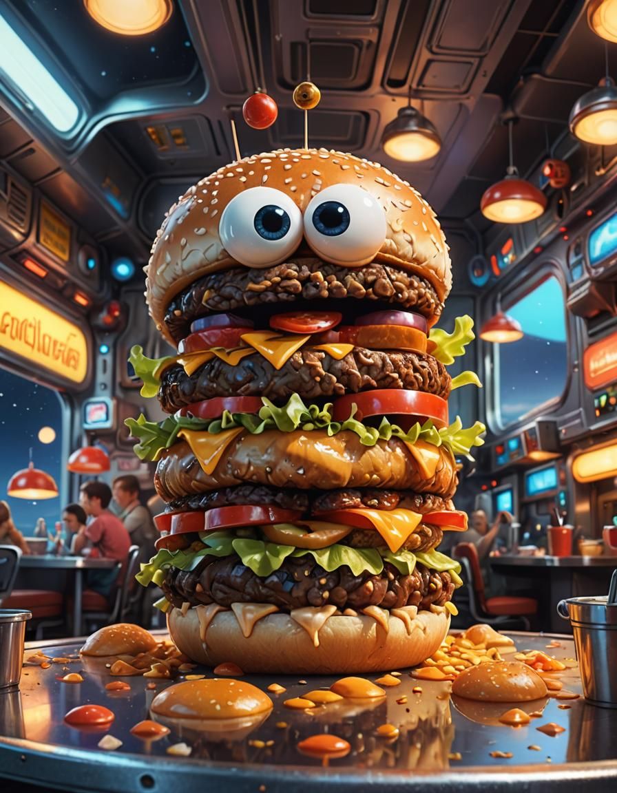 Happy Hamburger in Space Diner: Hyperdetailed Digital Art