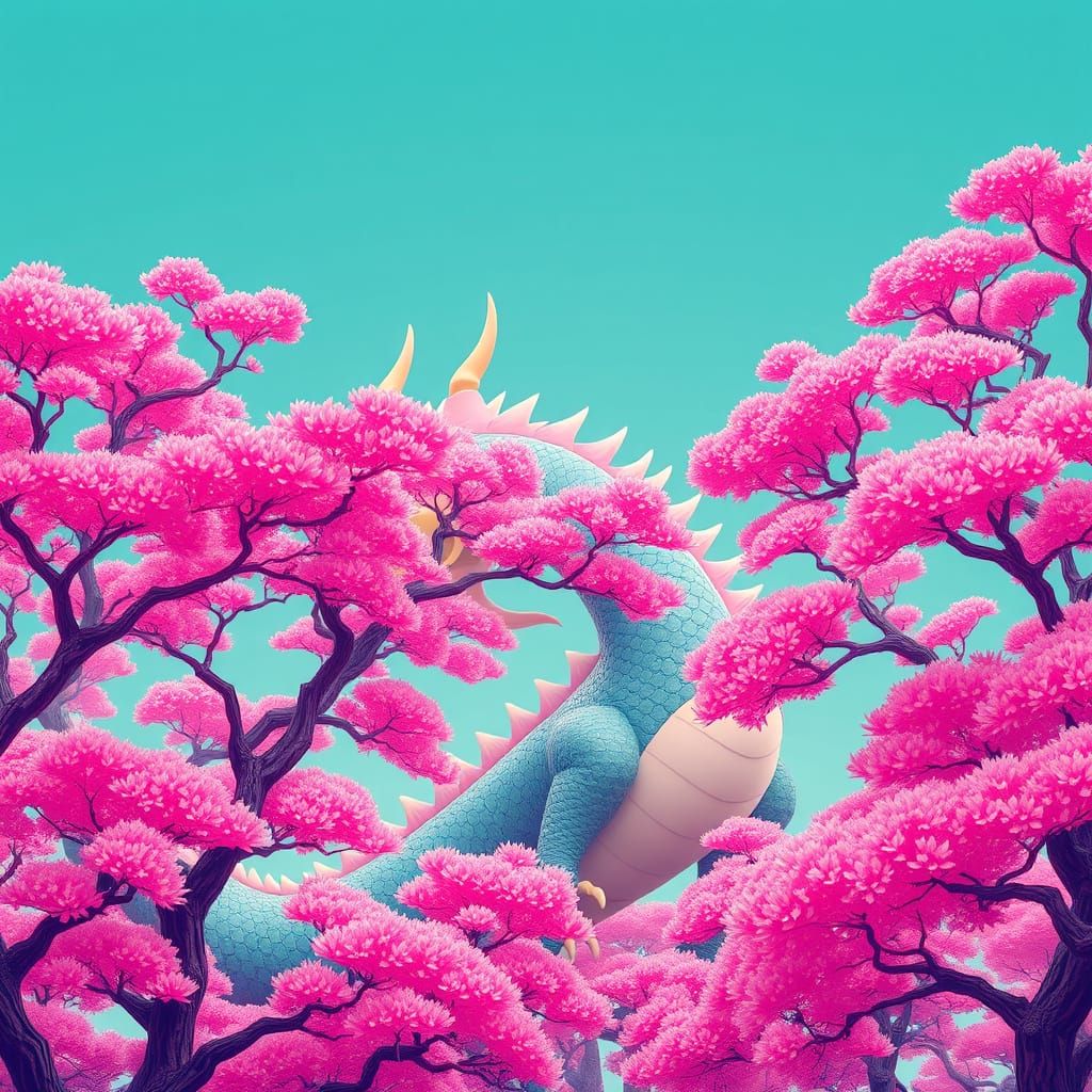 Dragon Among Pink Trees with Whimsical Futuristic Style