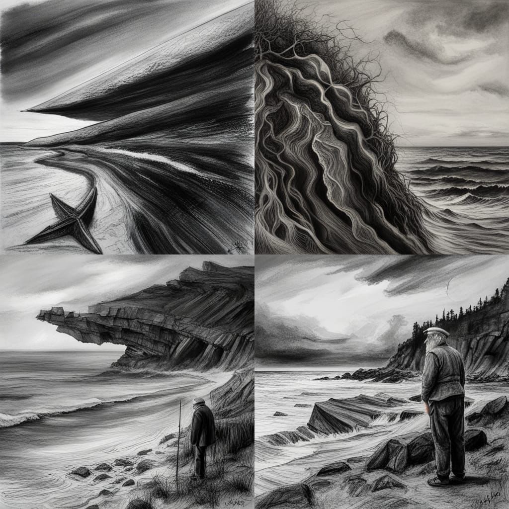 Hyperdetailed Charcoal Drawing: Old Man and the Sea